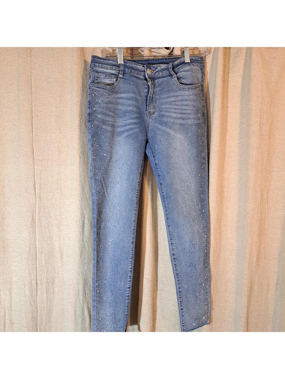 Vocal Light Blue Denim Jeans with Rhinestone Detailing, Size Large